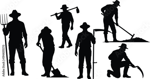Set of farmer silhouettes with tools, rural agriculture workers digging, harvesting crops, and carrying equipment, farming activity vector isolated on white background