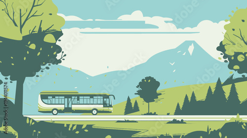 Scenic bus journey through lush green mountain landscape with trees and clear skies, flat vector illustration of sustainable travel