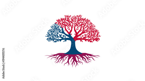 Vibrant stylized tree illustration with dual red and blue foliage, strong trunk, and deep visible roots, symbolizing growth, connection, and balance.