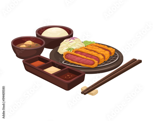 Japanese Gyukatsu Set Meal with Rice and Miso Soup Illustration Vector