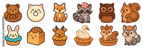 Cute cartoon animals and sweet desserts collection featuring adorable forest creatures transformed into delicious baked goods and treats.