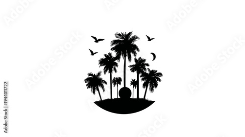 Tropical Island Silhouette Vector with Palm Trees, Birds, Moon, and Guitar Element – Beach Vacation Paradise Graphic Design
