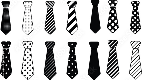 Set of necktie silhouettes with striped and polka dot patterns, formal fashion accessory vector collection isolated on white background for design