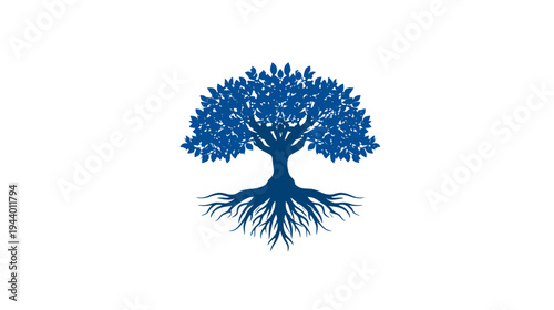 Vibrant blue tree silhouette with deep roots and abundant leaves against a white background, symbolizing growth, nature, and stability.