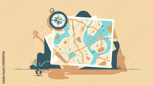 Travel planning and navigation concept with detailed road map and vintage compass illustration for adventure and exploration