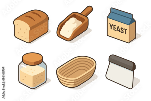 Bread making ingredients and tools vector illustration set featuring flour, yeast, a loaf of bread, a banneton, a dough scraper, and a jar of starter.