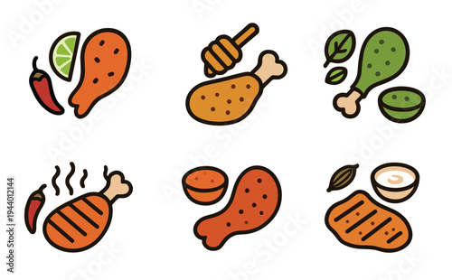 Chicken dishes icons set featuring various preparations like fried, grilled, honey-glazed, and spicy options with accompanying ingredients and sauces.