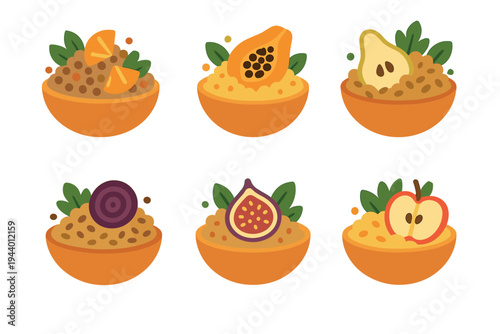 Six bowls of healthy breakfast porridge topped with a variety of fresh fruits and vegetables, illustrating nutritious meal options in a flat design style.