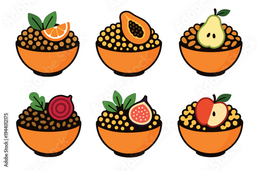 Six colorful bowls of healthy food, each topped with a different fresh fruit or vegetable, illustrating a balanced and nutritious diet.