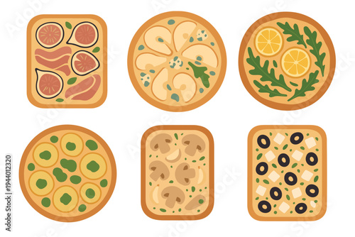 Gourmet flatbreads and mini pizzas with various toppings including figs, mushrooms, olives, and lemon slices, presented in a delightful collection of savory tarts.