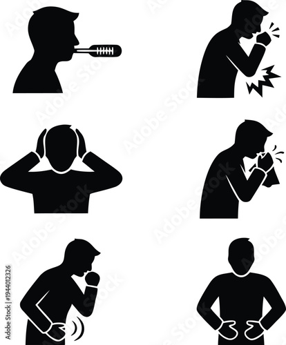 Common symptoms and actions related to gastrointestinal discomfort vector illustration