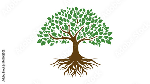 Stylized tree illustration with green leaves and visible roots, symbolizing nature, growth, life, and environmental sustainability.