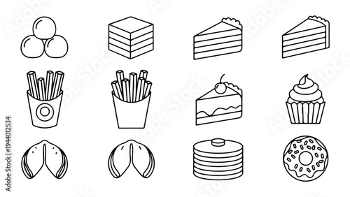 A flat lay illustration of various food items and desserts including cakes, cupcakes, donuts, sandwiches, fries, and drinks against a clean white background.