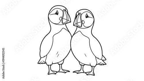 Charming Puffins Embrace: Two endearing puffins stand closely, depicted in a detailed illustration that highlights their unique features and bond.