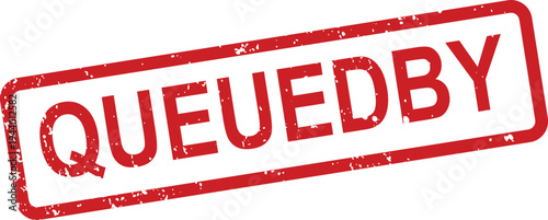 A rectangular red queued by rubber stamp with grunge texture against a pristine white backdrop