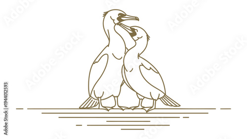 Gentle Seabirds: A charming illustration of two seabirds, rendered in a minimalist outline style, displaying an intimate moment of tenderness and connection.