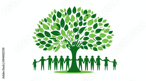 Diverse people holding hands around a vibrant green tree, symbolizing nature, community, environmental protection, unity, growth, and sustainability.