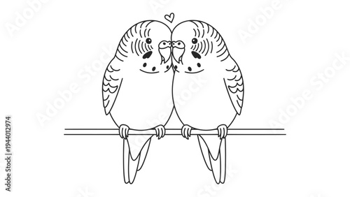 Avian Romance: A line drawing of two charming lovebirds perched closely together on a branch, their heads touching. A delicate heart floats above, symbolizing affection and togetherness. 