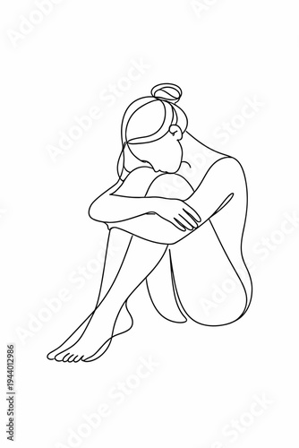 Line art of female in thoughtful pose