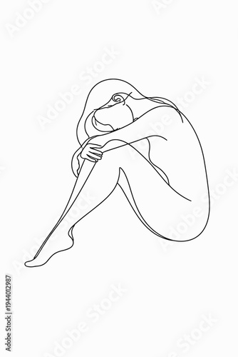 Minimalist line art of a seated female silhouette in pensive pose
