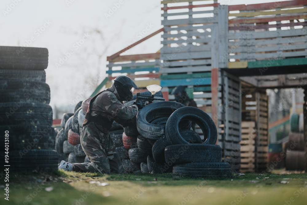 Fototapeta premium Camouflage soldier crouches behind a tire barrier, aiming an airsoft rifle. Outdoor field scene shows stacked tires and wooden pallets in a paintball-style setup.