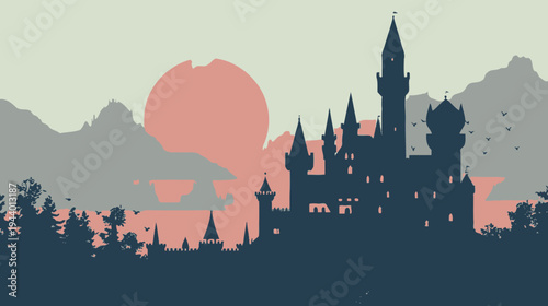 Grand medieval fantasy castle silhouette illustration with a setting sun and majestic mountain landscape at dusk