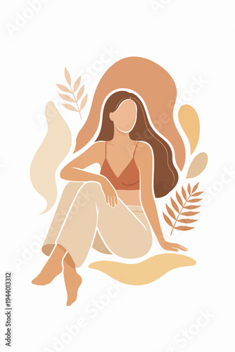 Abstract female figure with long hair and leaves in earth tones