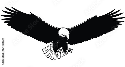 Bald eagle flying with spread wings silhouette, powerful American bird of prey illustration, wildlife predator symbol, majestic raptor vector design