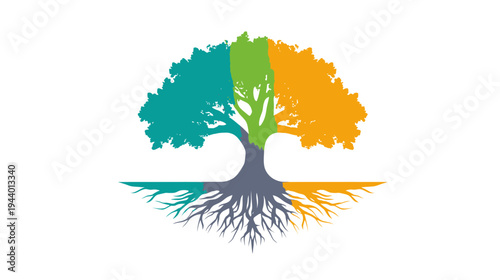 Stylized multicolored tree with visible roots and vibrant canopy, representing diversity, growth, and nature - vector graphic.