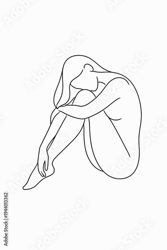 Minimalist line art of a woman sitting embracing knees in thoughtful pose