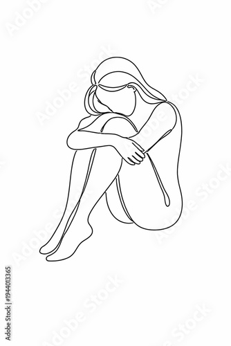 Minimalist line drawing of seated woman in thoughtful pose