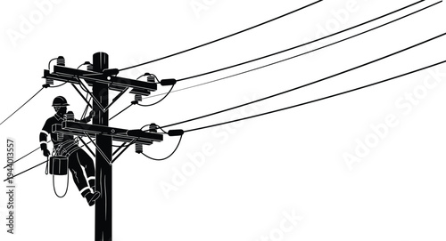 Electric lineman repairing power pole silhouette, utility worker on electrical distribution line, high voltage cable maintenance, electricity
