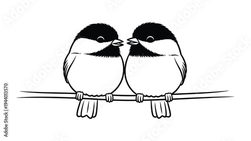 Affectionate Birds: Two charming birds perched together on a slender branch, their tender gaze and closeness portraying an intimate bond of affection. 