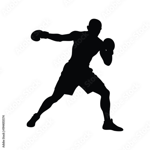 boxer punching silhouette vector illustration, Black and white silhouette of a boxer in fighting stance, dynamic action pose, silhouette vector illustration