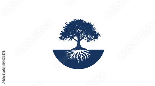Modern Stylized Tree Logo with Strong Deep Roots in a Half Circle. Symbolizing Growth, Stability, Nature, Environment, and Foundation.