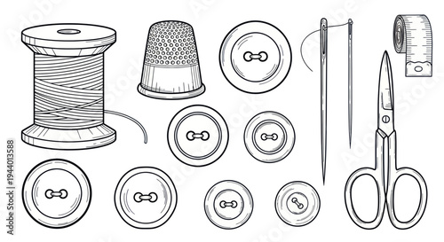Sewing supplies: thread spool, buttons, needle, thimble, scissors, measuring tape