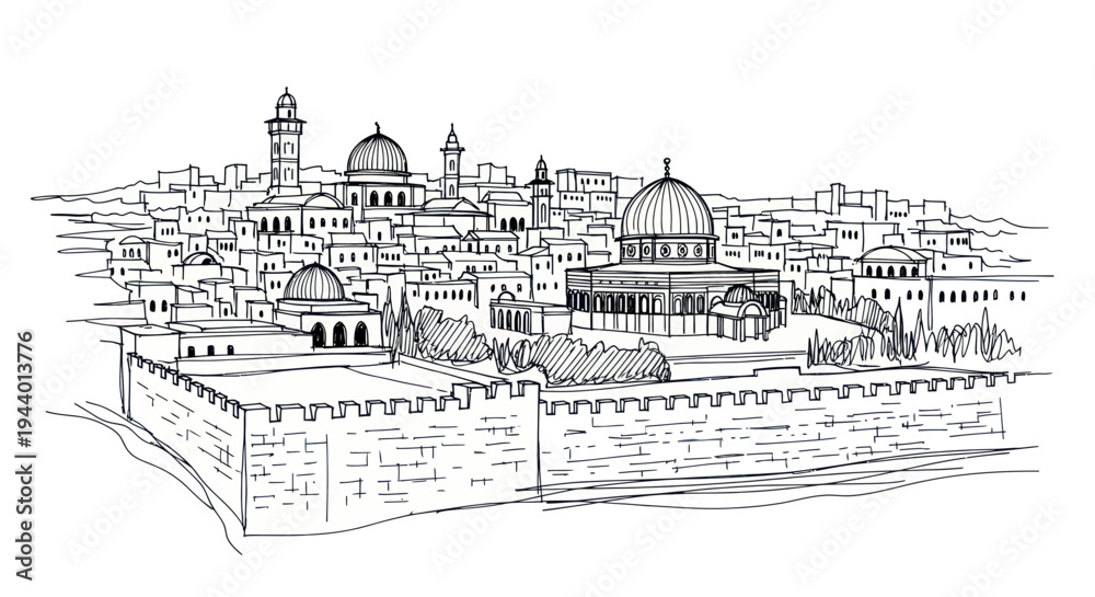 Obraz premium Jerusalem Cityscape Sketch: Dome of the Rock, Al-Aqsa Mosque, Western Wall