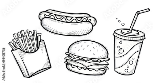 Hand-drawn fast food collection: burger, hot dog, fries, and soda drink