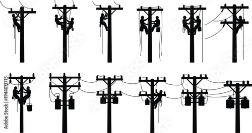 Electric linemen working on utility poles set silhouette, power line maintenance workers, electricity distribution infrastructure repair, electrical engineering service vector illustration