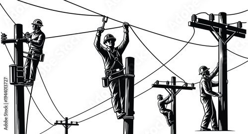 Electric linemen repairing overhead power lines illustration, utility workers climbing poles for electrical maintenance, electricity distribution infrastructure service