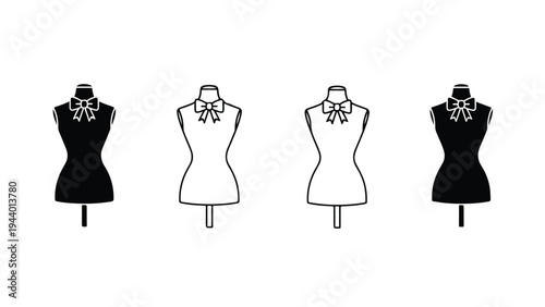 Four dressmaker's mannequins in black and white with floral accessories on a white background in a flat lay composition.