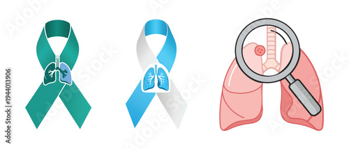 Awareness ribbons with lung symbols and a magnifying glass examining a lung for medical diagnosis