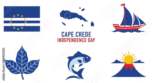 Cape Verde Independence Day graphic elements flag map boat leaf fish and volcano