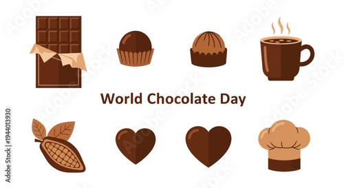 Brown illustrations for World Chocolate Day including treats cocoa and a chefs hat