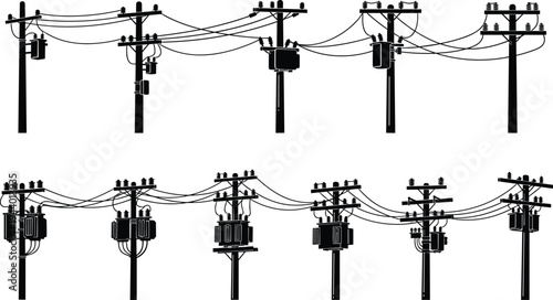 Electric utility poles and transformers set silhouette, overhead power distribution lines, electricity infrastructure equipment collection, energy grid engineering vector illustration