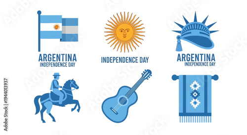 A collection of six distinct blue and orange vector icons celebrating Argentina Independence Day