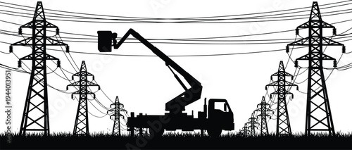 Electric power line maintenance truck silhouette, worker repairing high voltage transmission towers, electricity infrastructure illustration, utility service vehicle