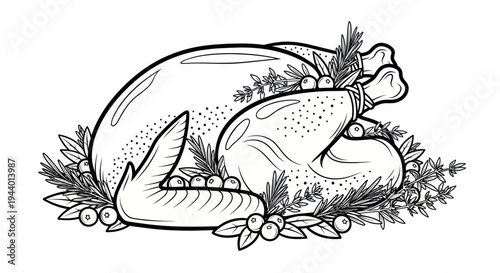 Roasted Turkey Outline with Herbs and Berries - Thanksgiving Dinner Line Art