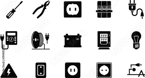 Electrical tools and power equipment icons set, plug, outlet, battery, screwdriver, pliers, circuit tester, electricity service vector illustration collection