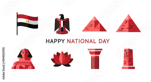 Egyptian national symbols illustration with Happy National Day text